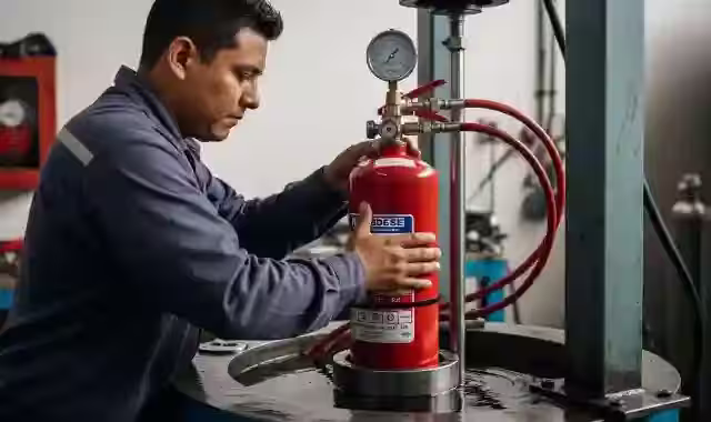 Prueba hidrostática quinquenal obligatoria para verificar integridad de cilindros de extintores